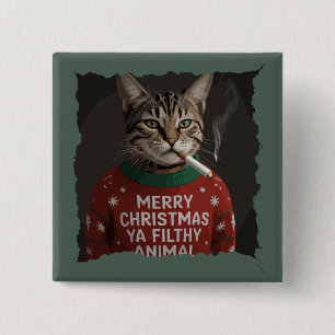 Badge Carré 5 Cm Mème de Noël drôle de chat qui fume Sarcasme Vacan