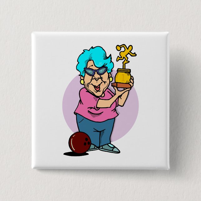 Badge Carré 5 Cm mémé dessin animé championne de bowling (Devant)