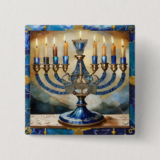 Badge Carré 5 Cm Menorah de Hanukkah bleue
