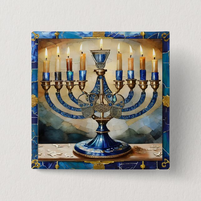 Badge Carré 5 Cm Menorah de Hanukkah bleue (Devant)