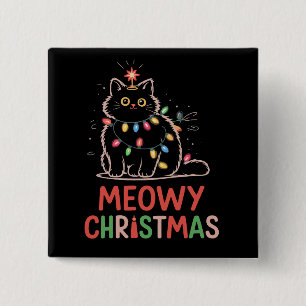 Badge Carré 5 Cm Meowy Noël Xmas Lumières Pyjama Chat Noir