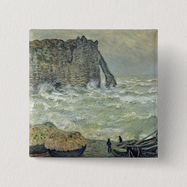 Badge Carré 5 Cm Mer agitée de Claude Monet | chez Etretat, 1883 (Devant)