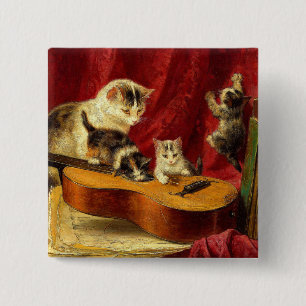 Badge Carré 5 Cm Mère Chat et chatons Jouer avec la guitare