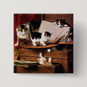 Badge Carré 5 Cm Mère Chat et chatons sur table