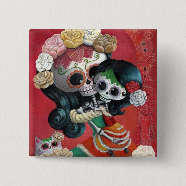 Badge Carré 5 Cm Mère et fille de Dia de Los Muertos Skeletons (Devant)