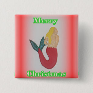 Badge Carré 5 Cm mermaid blonde à queue rouge bouton de noël