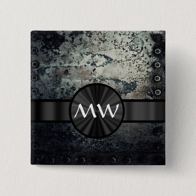 Badge Carré 5 Cm Métal rouillé décoré d'un monogramme (Devant)