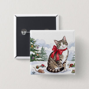 Badge Carré 5 Cm Mia le chat festif avec décoration de fêtes