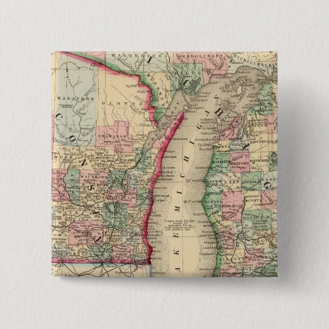 Badge Carré 5 Cm Michigan, Wisconsin Map par Mitchell (Devant)