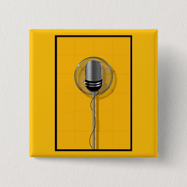 Badge Carré 5 Cm Microphone Rétro sur Jaune Gras (Devant)