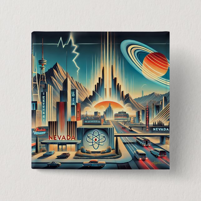 Badge Carré 5 Cm Mid Century Espace atomique Age Nevada Art (Devant)