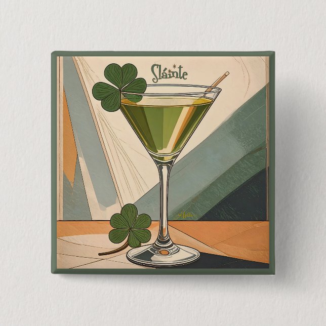 Badge Carré 5 Cm Mid Century Modern Art Shamrock Martini Sláinte!  (Devant)