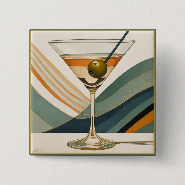 Badge Carré 5 Cm Mid Century Modern Martini Cocktail Heure (Devant)