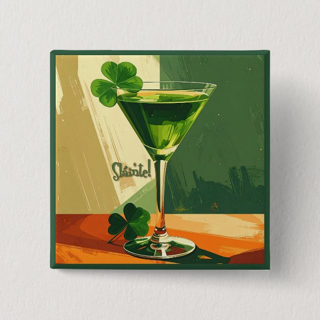 Badge Carré 5 Cm Mid Century Modern Shamrock Martini Sláinte!  (Devant)