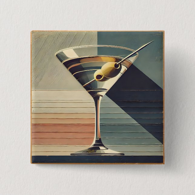Badge Carré 5 Cm Mid Century Moderne 2 Olive Martini Cocktail Heure (Devant)