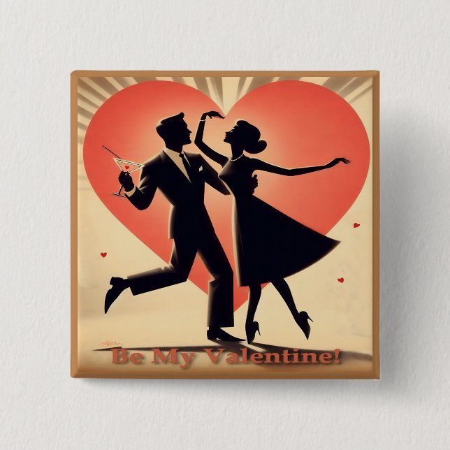 Badge Carré 5 Cm Mid Century Valentine Dancing Couple avec Martini (Devant)