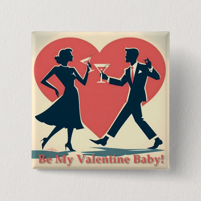 Badge Carré 5 Cm Mid Century Valentine Hip Martini Dancing Couple (Devant)