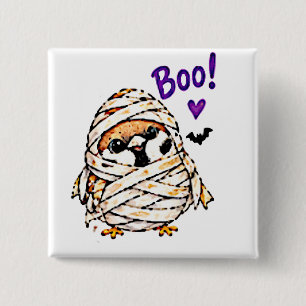 Badge Carré 5 Cm Mignon Chibi Moineau Oiseau Halloween Momie Amusan