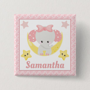 Badge Carré 5 Cm Mignon éléphant fille bébé rose et étoiles