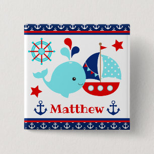 Badge Carré 5 Cm Mignon motif baleine bleue et ancres nautiques
