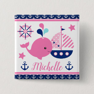 Badge Carré 5 Cm Mignon motif baleine rose et ancres nautiques