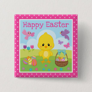 Badge Carré 5 Cm Mignon Poussin de Pâques de Printemps & Œufs en Ch