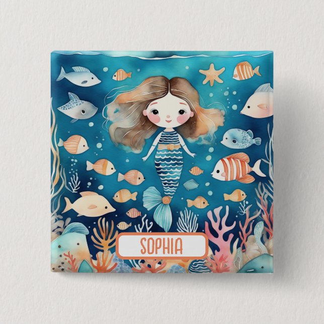 Badge Carré 5 Cm Mignonne petite sirène sous la mer avec du poisson (Devant)
