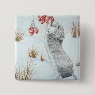 Badge Carré 5 Cm Mignonne souris mangeant des baies la neige scène
