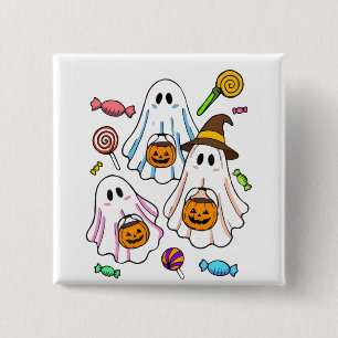 Badge Carré 5 Cm Mignons Fantômes de Halloween & Friandises de Tric
