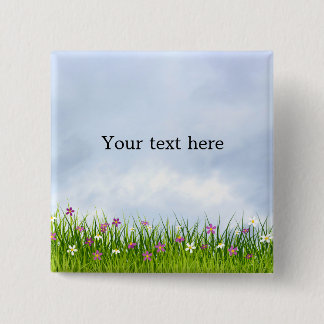Badge Carré 5 Cm Modèle, ciel bleu et prairie de fleurs,