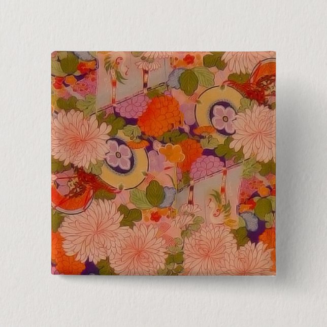 Badge Carré 5 Cm Modèle floral rose kimono (Devant)