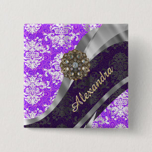 Badge Carré 5 Cm Modèle personnalisé violet joli girly damask