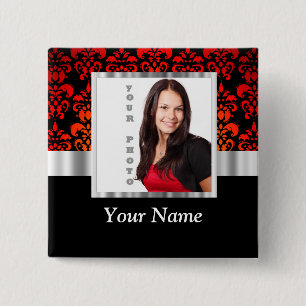 Badge Carré 5 Cm Modèle photo damassé rouge et noir