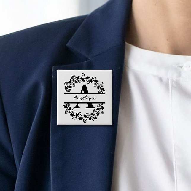 Badge Carré 5 Cm Modern Black Floral Wreath Split Monogram "A" (Créateur téléchargé)