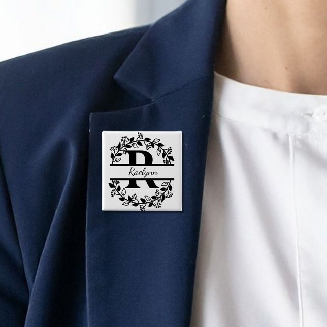 Badge Carré 5 Cm Modern Black Floral Wreath Split Monogram "R" (Créateur téléchargé)