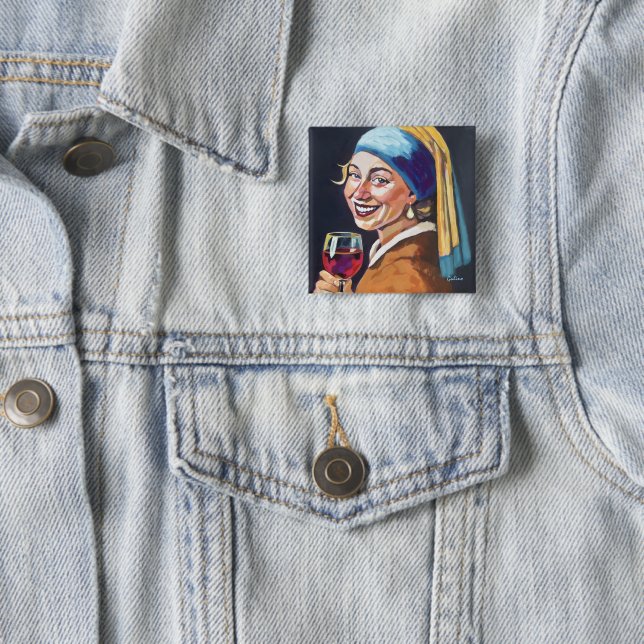 Badge Carré 5 Cm Modern Girl w/ a Pearl Earring - Vermeer Inspired (En situation)