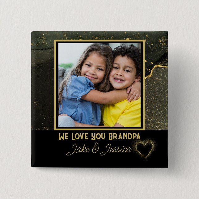 Badge Carré 5 Cm Modern We Love you Grandpa black and gold Photo (Devant)