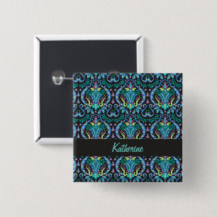 Badge Carré 5 Cm Moderne Damask Art Déco Noir Turquoise Bleu Nom