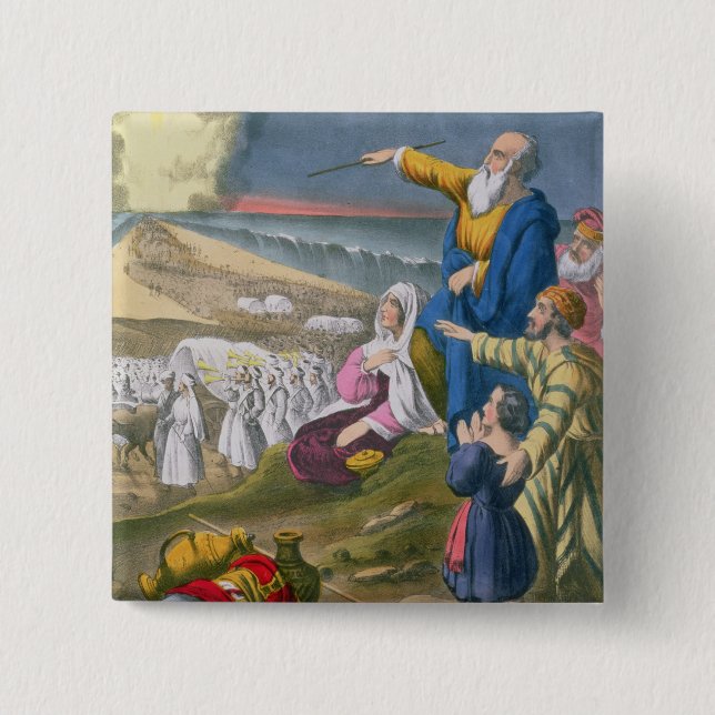 Badge Carré 5 Cm Moïse séparant la Mer Rouge, d'une bible imprimée (Devant)