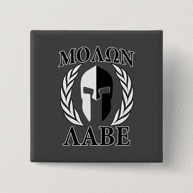 Badge Carré 5 Cm Molon Labe Spartan Mask Laurels Monochrome (Devant)
