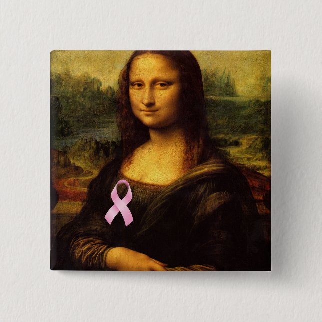 Badge Carré 5 Cm Mona Lisa Au Ruban Rose (Devant)