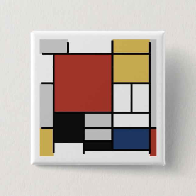 Badge Carré 5 Cm Mondrian Peinture Rouge Plane Jaune Noir Gris Bleu (Devant)