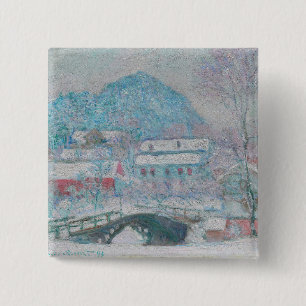 Badge Carré 5 Cm Monet - Norvège, village de Sandviken sous la neig