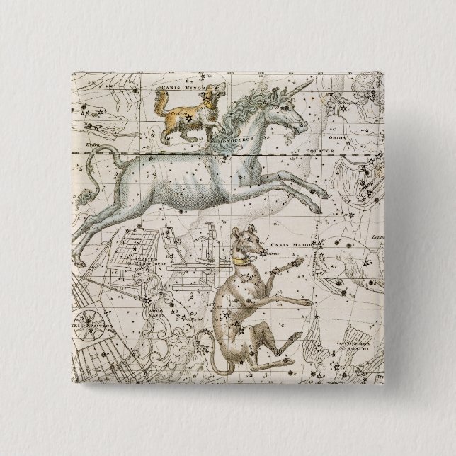 Badge Carré 5 Cm Monoceros, "d'un atlas céleste", pub. en 1822 (Devant)