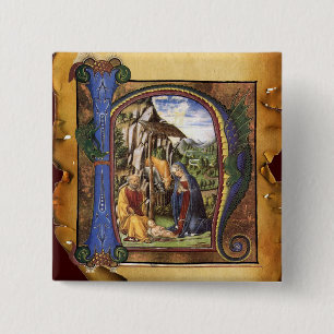BADGE CARRÉ 5 CM MONOGRAMME DE LA NATIVITÉ PARCHEMENT DE NOËL