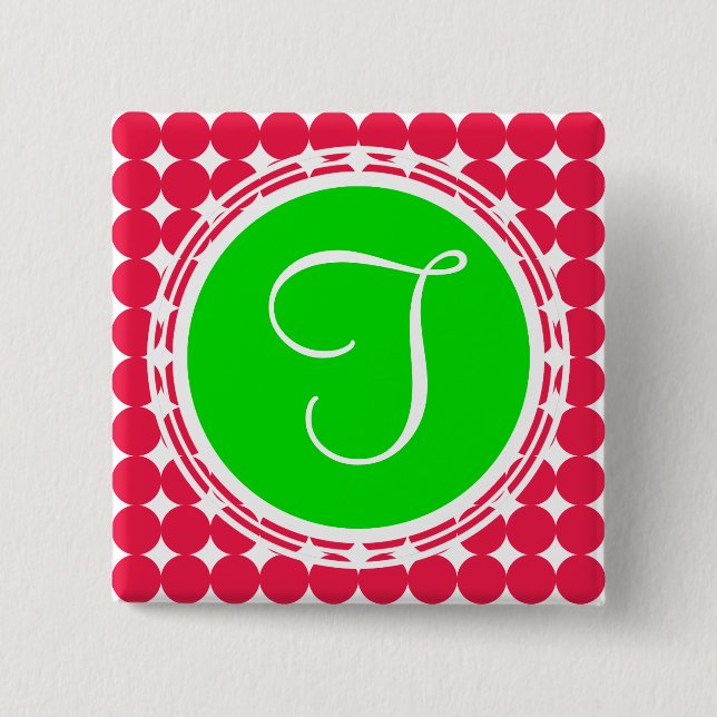Badge Carré 5 Cm Monogramme de point Polka vert et rouge (Devant)