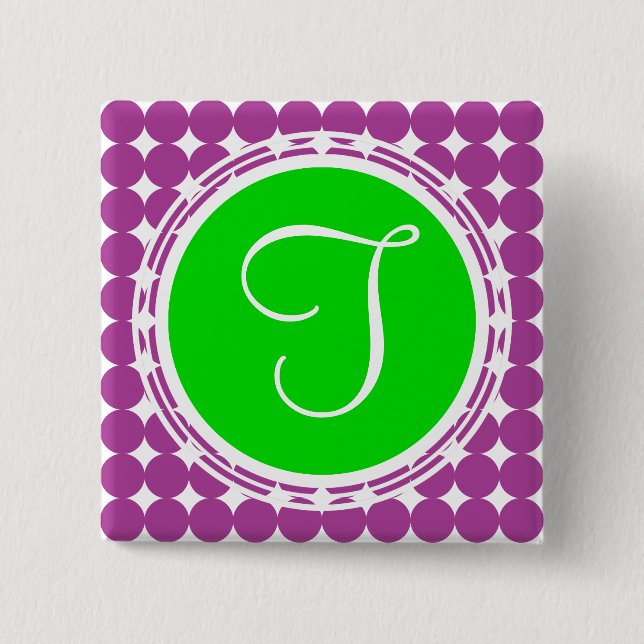 Badge Carré 5 Cm Monogramme de point Polka vert et violet (Devant)