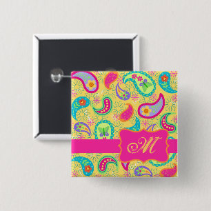 Badge Carré 5 Cm Monogramme moderne rose fuchsia jaune de Paisley