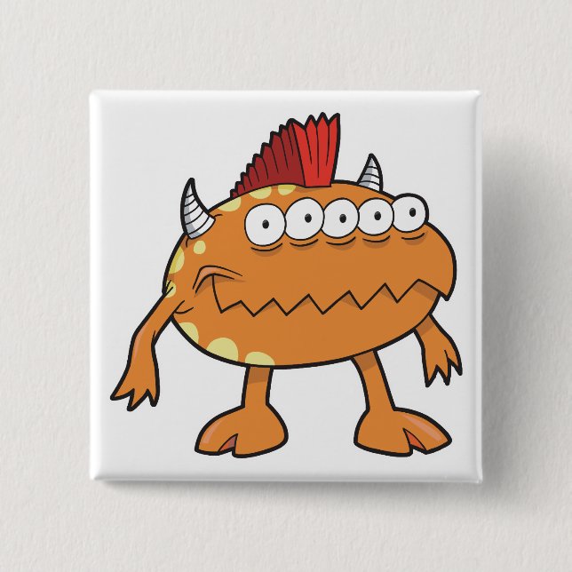 Badge Carré 5 Cm monstre à mohawk orange aux yeux multiples (Devant)