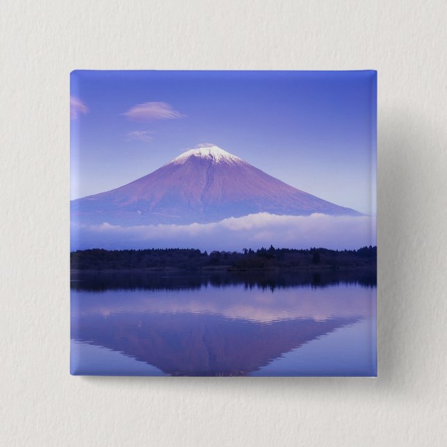 Badge Carré 5 Cm Mont Fuji avec nuage lenticulaire, lac Motosu, (Devant)